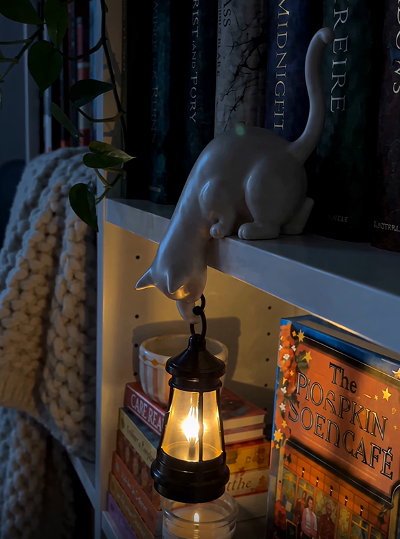 Hängende Katzen-Laterne leuchtet nachts in einem gemütlichen Bücherregal